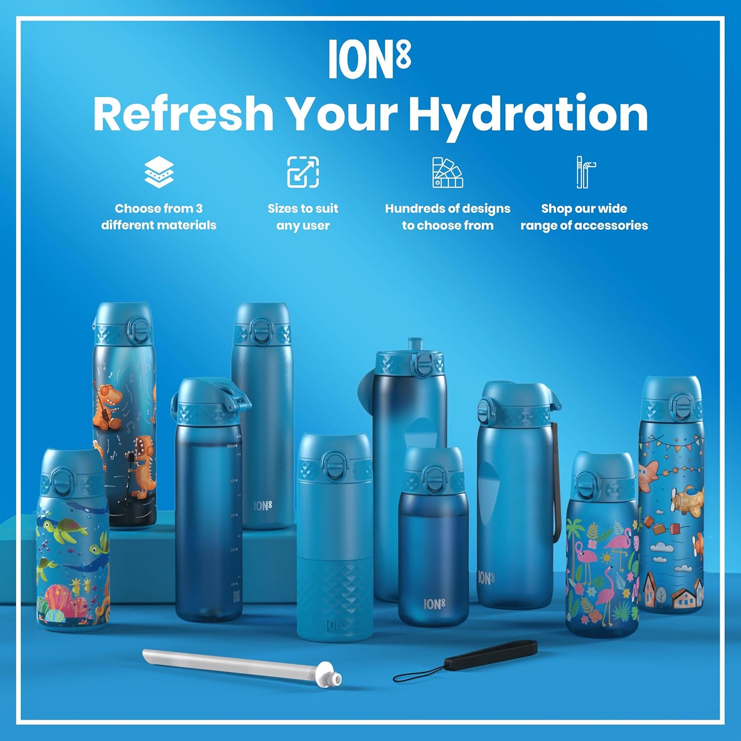 Small Water Bottle, Leak Proof, Easy to Open, Secure Lock, Dishwasher Safe, Flip Cover, Carry Handle, Easy Clean, Durable, Water Bottle, Raised Print, Blue, Sea Turtle