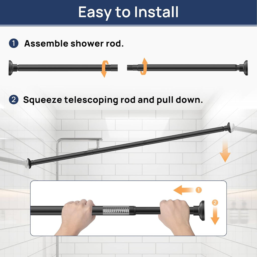 Matte Black Shower Curtain Pole 84 to 183 cm, 1 Inch Extendable Tension Rods for Curtains No Drill, Shower Rail for Bathroom, Closet, Window, Room Divider, Never Rust, Non Slip