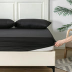 Double Fitted Sheet Bed Sheets 25CM Extra Deep Pocket Soft and Breathable Fitted Bedding Sheets (Black, Double)