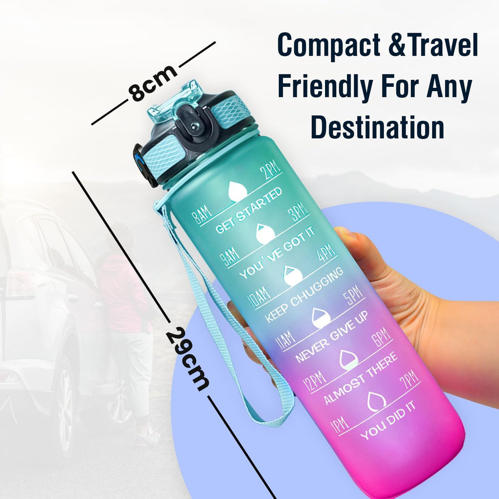 Sports Water Bottle with Straw – 1 Litre Leakproof Plastic Water Bottle for Fitness and On-the-Go - Motivational Time Marker Leak-Proof Tritan BPA-Free (Green-Pink)