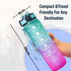 Sports Water Bottle with Straw – 1 Litre Leakproof Plastic Water Bottle for Fitness and On-the-Go - Motivational Time Marker Leak-Proof Tritan BPA-Free (Green-Pink)