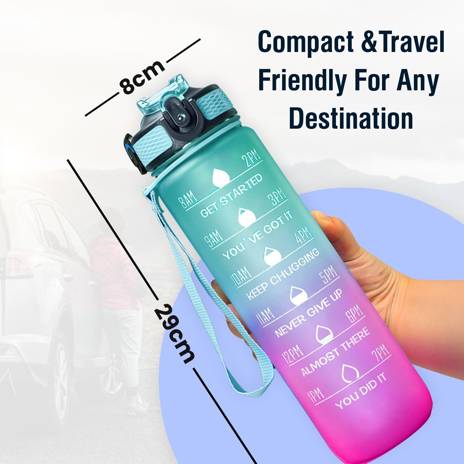 Sports Water Bottle with Straw – 1 Litre Leakproof Plastic Water Bottle for Fitness and On-the-Go - Motivational Time Marker Leak-Proof Tritan BPA-Free (Green-Pink)