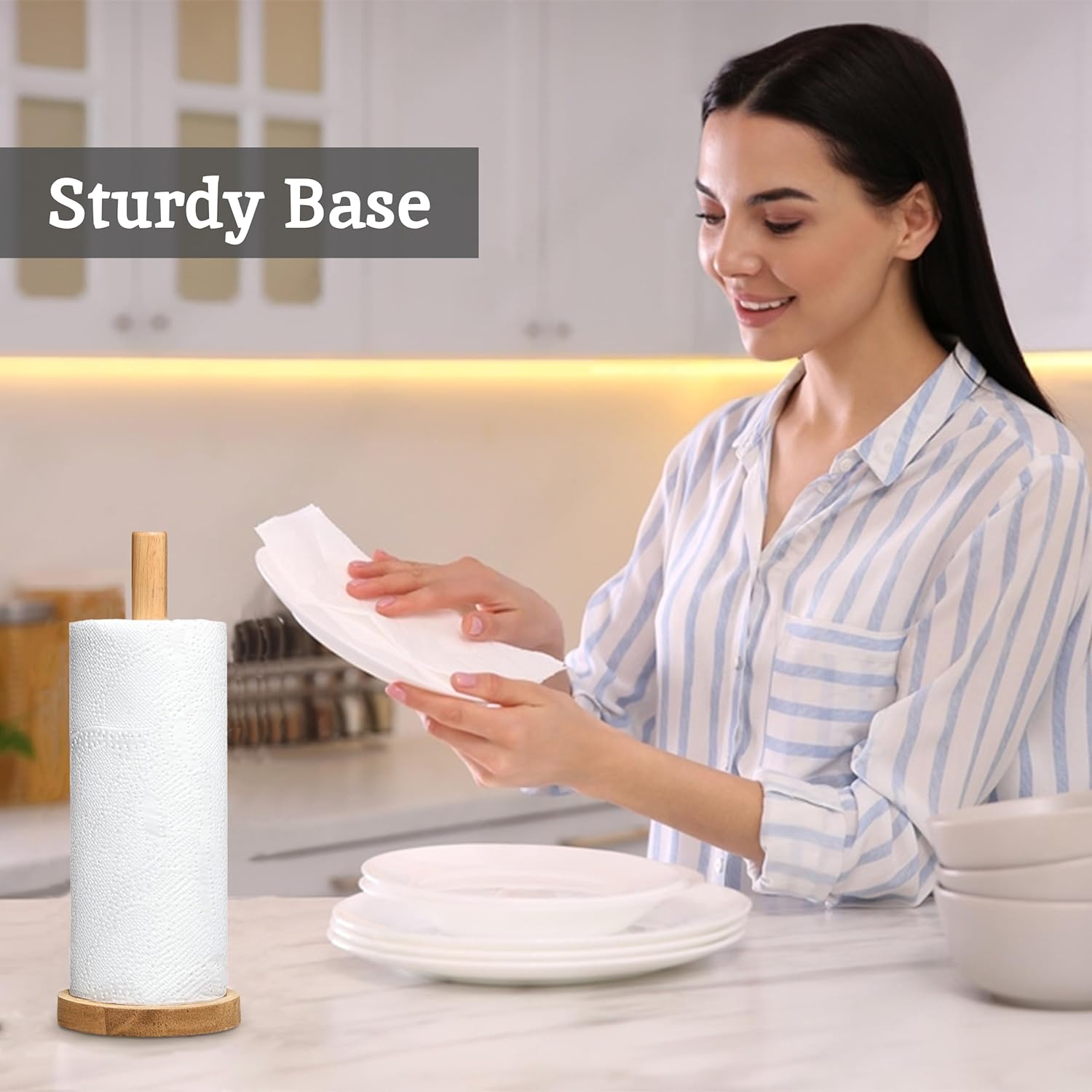 Housewares Eco-friendly Kitchen Roll Holder Rubberwood Toilet Roll Holder Sturdy Base Antifungal Paper Towel Holder for Kitchen Toilet Home