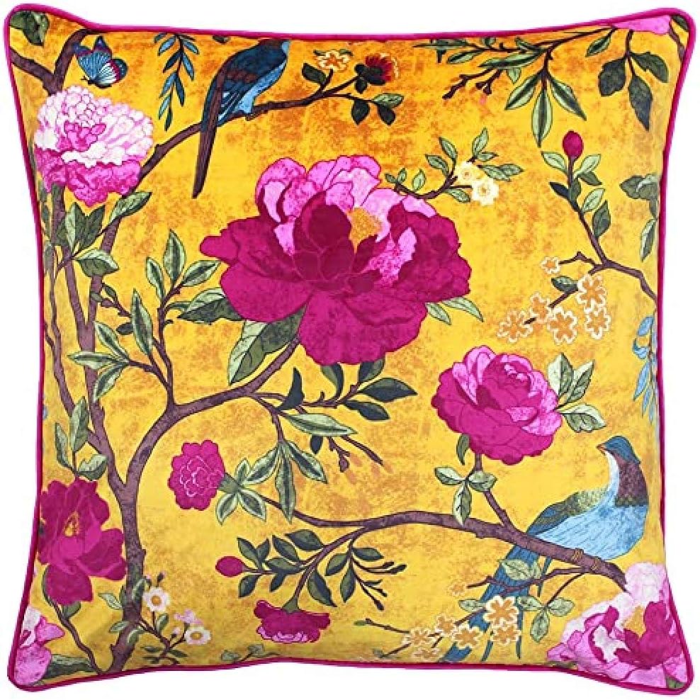Paoletti Chinoiserie Cushion Cover - Floral Bird Print 100% Polyester Machine Washable Fabric (Gold Yellow - 50 x 50cm) Main image
