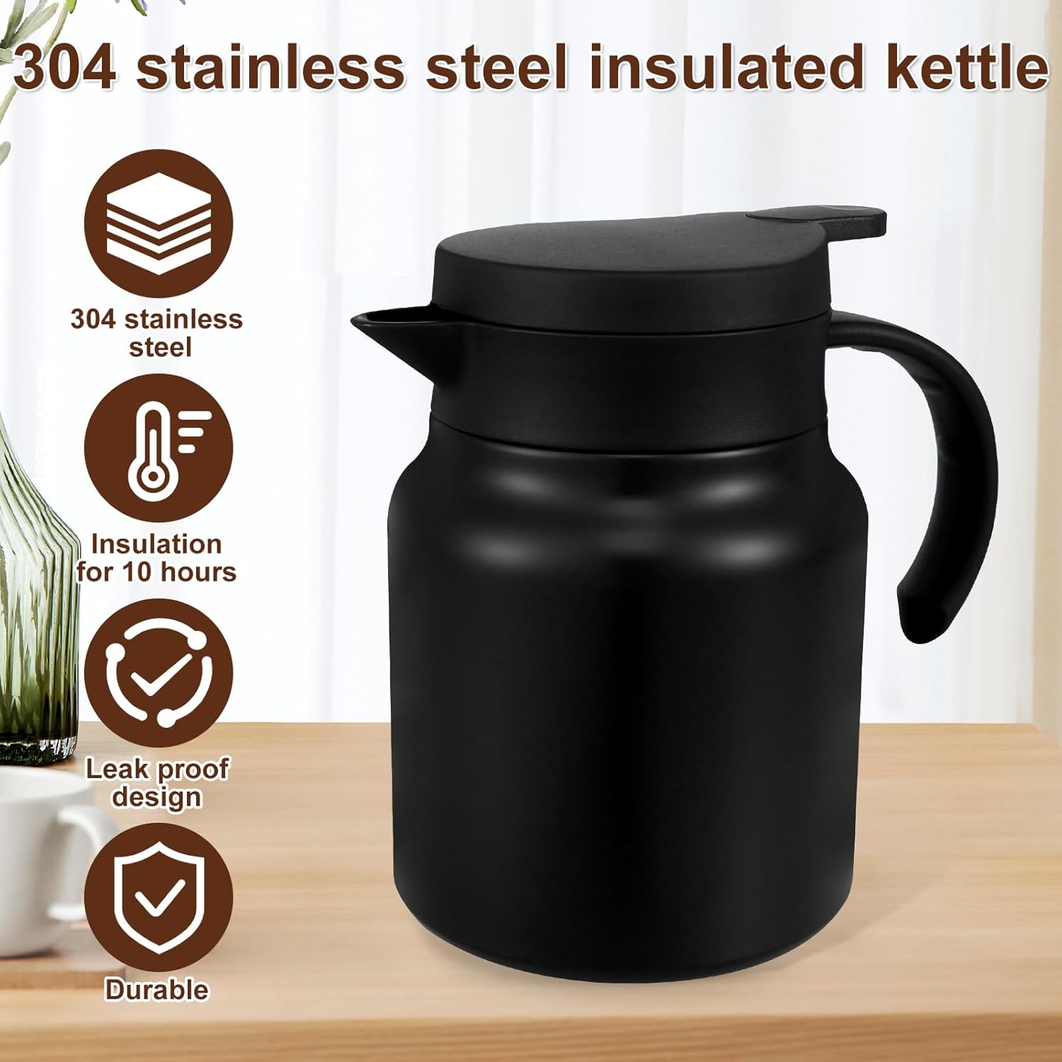 Thermal Coffee Carafe 1000ML Insulated Water Pitcher Stainless Steel Carafe with Detachable Tea Strainer Leak-Proof Vacuum Insulated for Milk Coffee Tea Hot Cold Drinks (1000ml (Black))