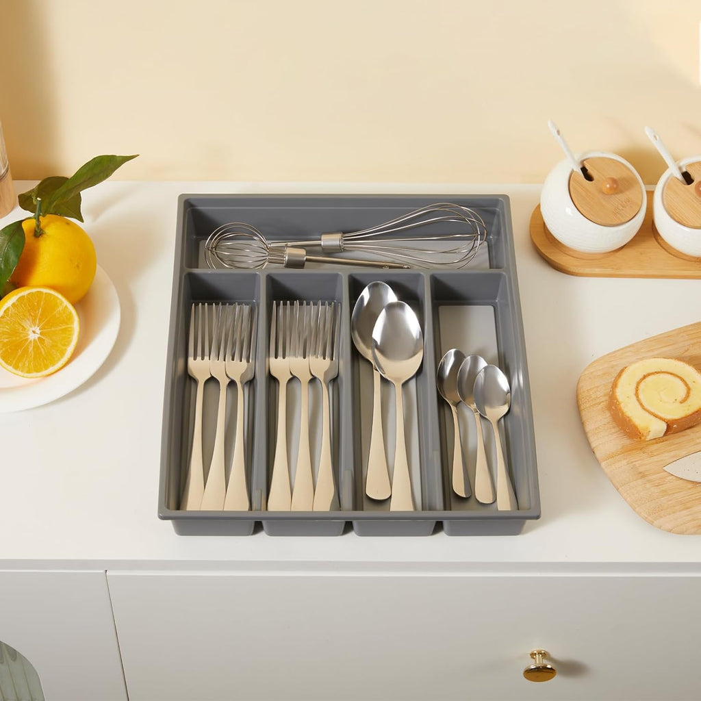 5-Compartment Cutlery Drawer Organiser, Plastic Cutlery Tray for Kitchen Utensil Storage, BPA Free & Non-Slip, Drawer Organiser with Dedicated Sections for Spoons, Forks, Knives(Grey)