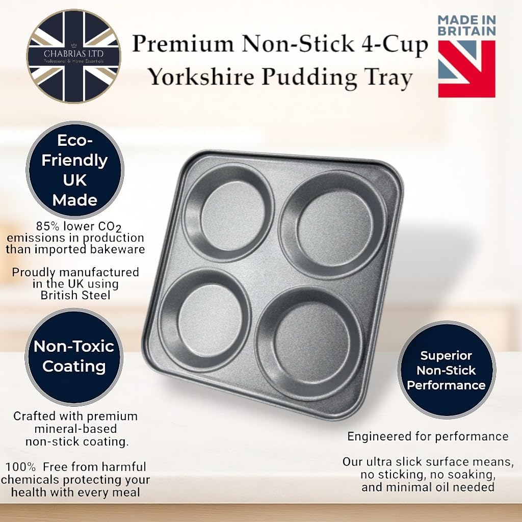 Chabrias Ltd UK-Made 2-Pack Yorkshire Pudding Tray, 4-Cup “Giant” – Carbon Steel, Long-Life Non-Stick, Even-Bake, Easy-Release, Oven-Safe – Perfect Crispy Rims, 23 cm