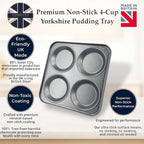 Chabrias Ltd UK-Made 2-Pack Yorkshire Pudding Tray, 4-Cup “Giant” – Carbon Steel, Long-Life Non-Stick, Even-Bake, Easy-Release, Oven-Safe – Perfect Crispy Rims, 23 cm