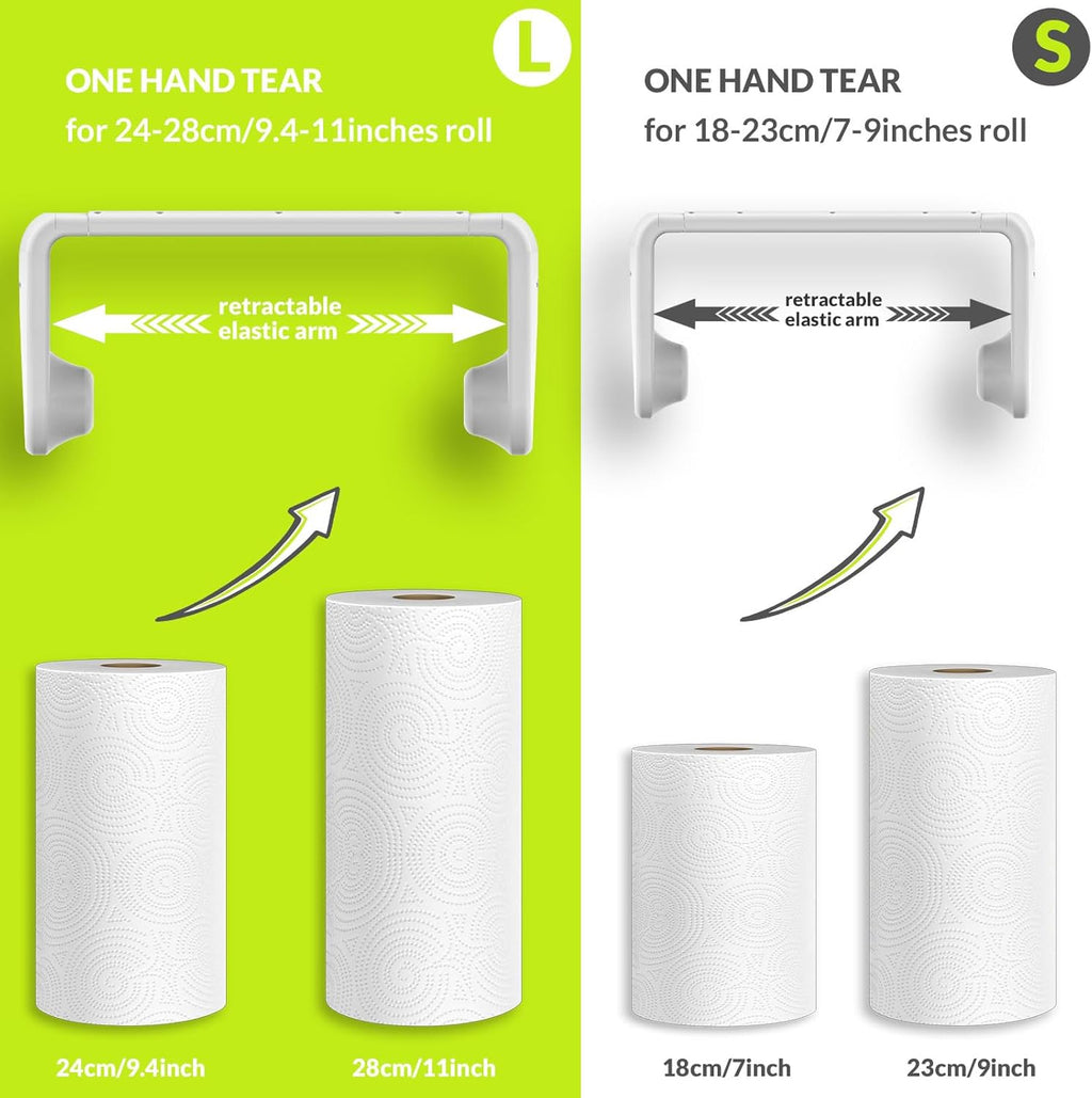 Paper Towel Holder Under Cabinet or Wall Mount ONE HAND Operation Tension Arm Kitchen Roll Holder (White, for 18-23cm/7-9inches roll)