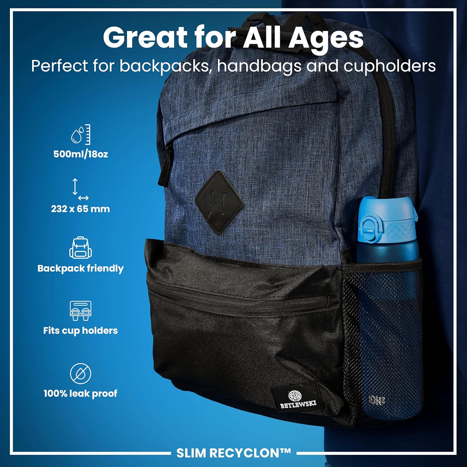 Water Bottle, 500 ml/18 oz, Leak Proof, Easy to Open, Secure Lock, Dishwasher Safe, BPA Free, Hygienic Flip Cover, Carry Handle, Fits Cup Holders, Easy Clean, Carbon Neutral, Blue Secondary image