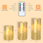 Rechargeable Flameless Candle, Set of 3 Flickering Glass LED Candles with Charging Base and Remote Control, Tea Lights with Timer Function for Festival Wedding Party Decoration