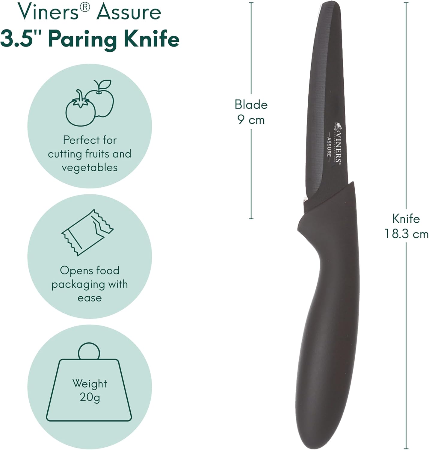 Assure 3.5” Paring Knife Stainless Steel Blade with Squared Tip for Safety, Soft Grip Handle, Non-Stick Coating, Rust-Resistant, Ideal for Cutting Fruit & Vegetables