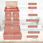 Jsdoin Bento Lunch Box Stackable,1400ml Containers with 3 Removable Compartments and Cutlery, Leak Proof 2 Layer Boxes, for Adults Kids Office Microwave Dishwasher Safe Available(pink)