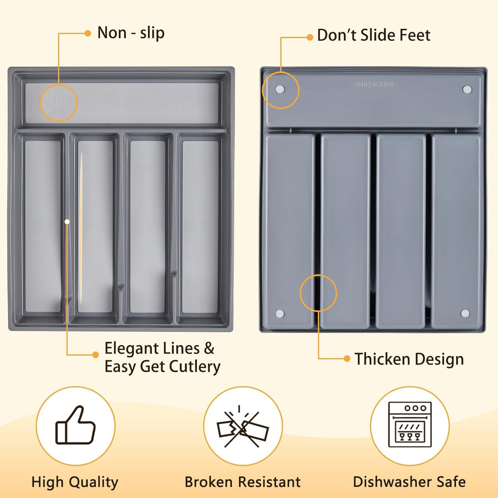 5-Compartment Cutlery Drawer Organiser, Plastic Cutlery Tray for Kitchen Utensil Storage, BPA Free & Non-Slip, Drawer Organiser with Dedicated Sections for Spoons, Forks, Knives(Grey)
