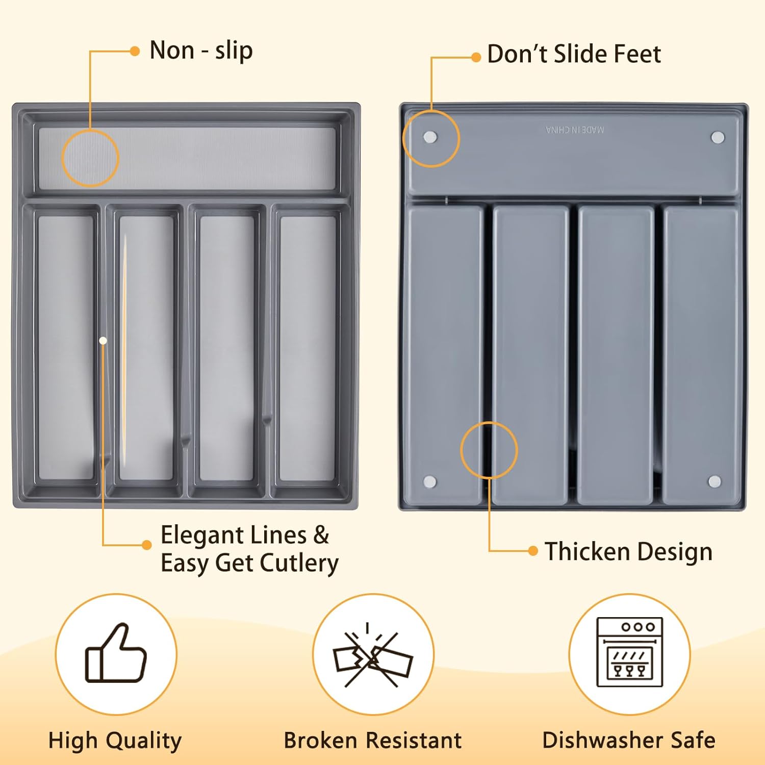 5-Compartment Cutlery Drawer Organiser, Plastic Cutlery Tray for Kitchen Utensil Storage, BPA Free & Non-Slip, Drawer Organiser with Dedicated Sections for Spoons, Forks, Knives(Grey)