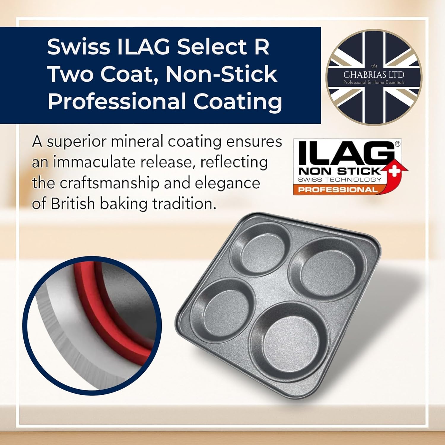 Chabrias Ltd UK-Made 2-Pack Yorkshire Pudding Tray, 4-Cup “Giant” – Carbon Steel, Long-Life Non-Stick, Even-Bake, Easy-Release, Oven-Safe – Perfect Crispy Rims, 23 cm Secondary image