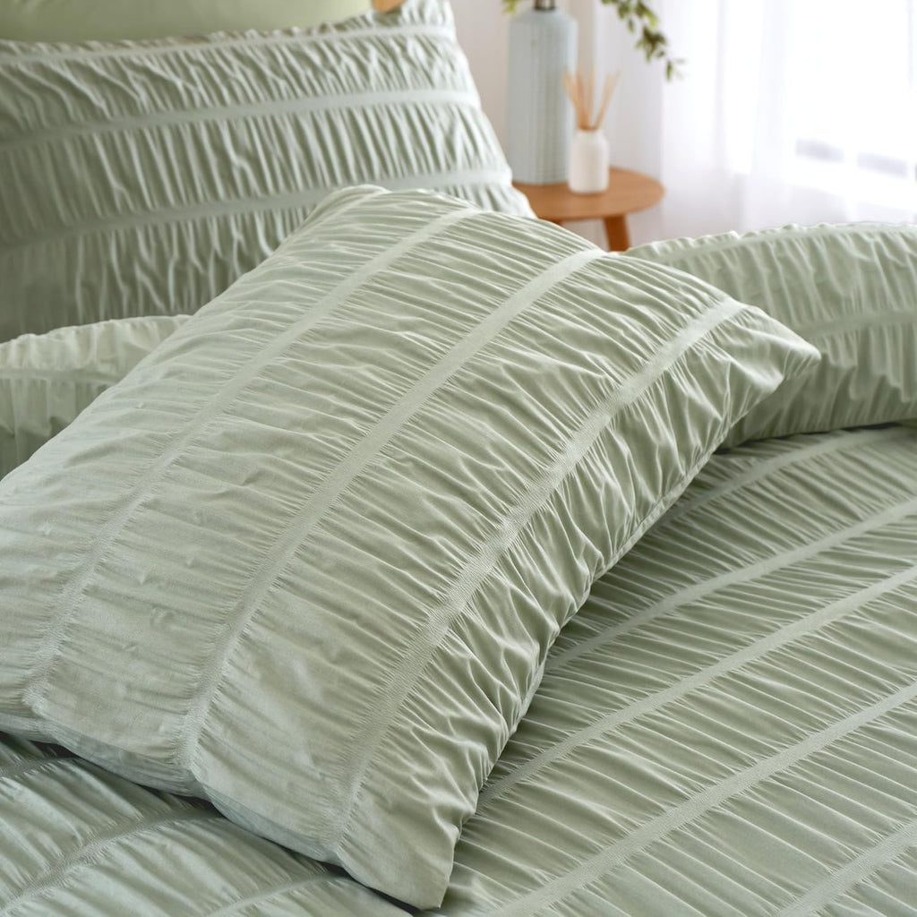 Seersucker King Duvet Cover Set with Pillowcases Sage Green