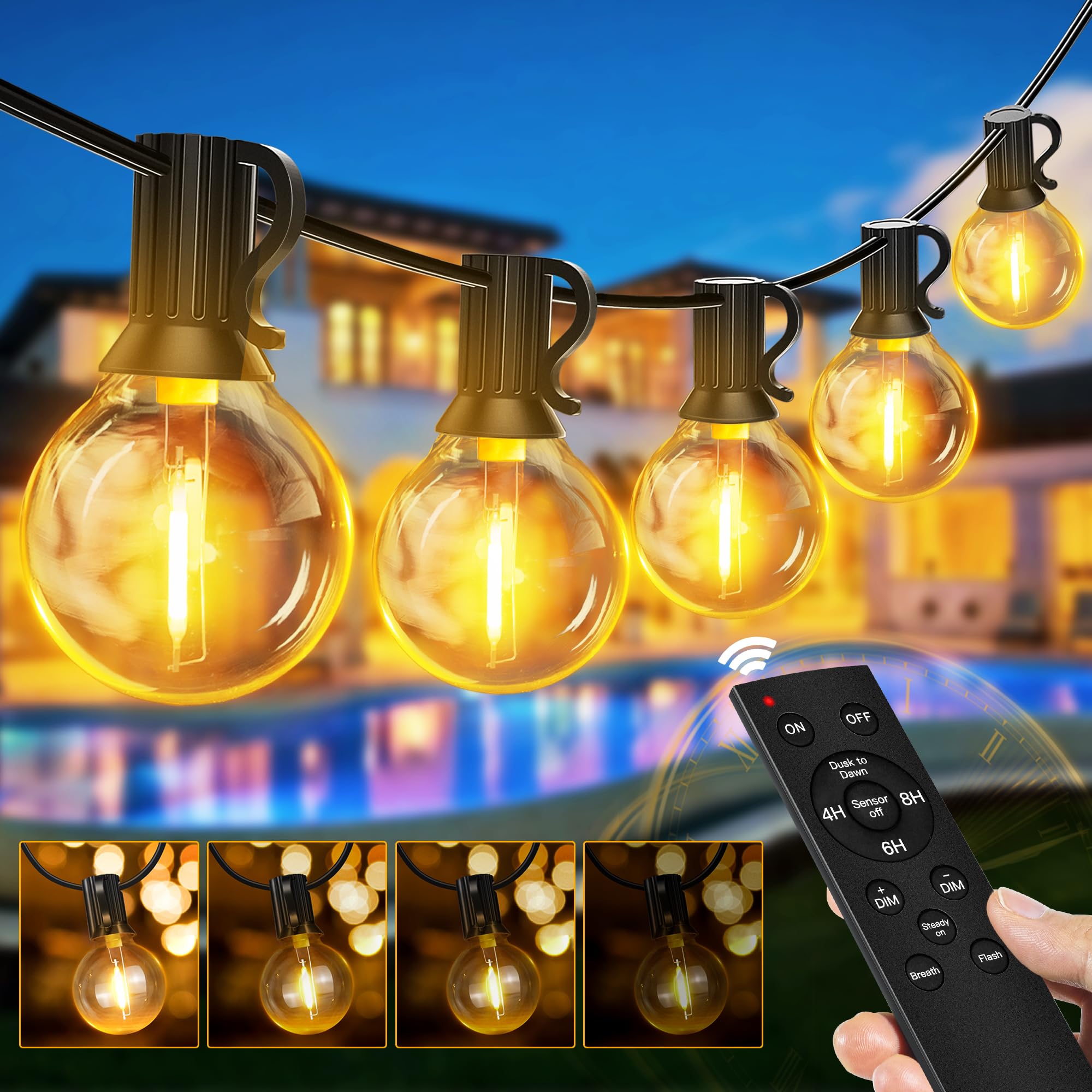 Festoon Lights Outdoor, 10m Christmas String Lights Mains Powered, 15+1 G40 Shatterproof Bulbs, Connectable Waterproof Garden Fairy Light with RF Remote/Timer/3 Modes for Outside Party Patio Main image