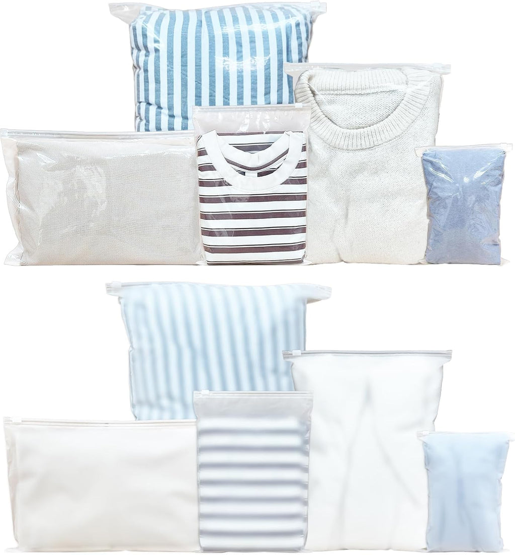 50 Pcs 5 Sizes Zip Lock Bags for Clothes,Maternity Hospital Bag Organiser Pouches,Clear Plastic Reusable Ziplock Bags for Clothes,Travel,Luggage,Shoes,Cosmetics,Frosted and Transparent,No Holes