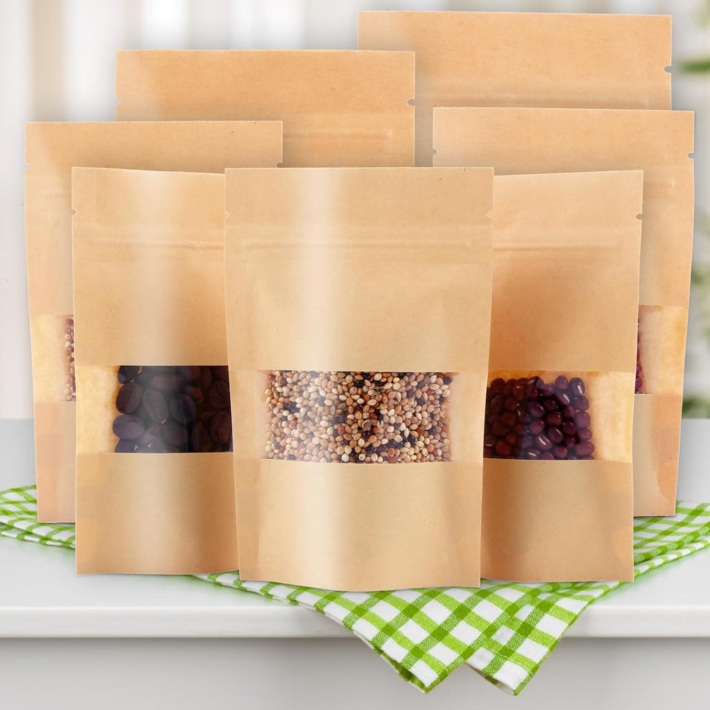 100PCS Kraft Paper Bags With Window 10X15cm Sealable Ziplock Pouches Waterproof for Nut Coffee Beans Tea Leaves Spices Food Storage
