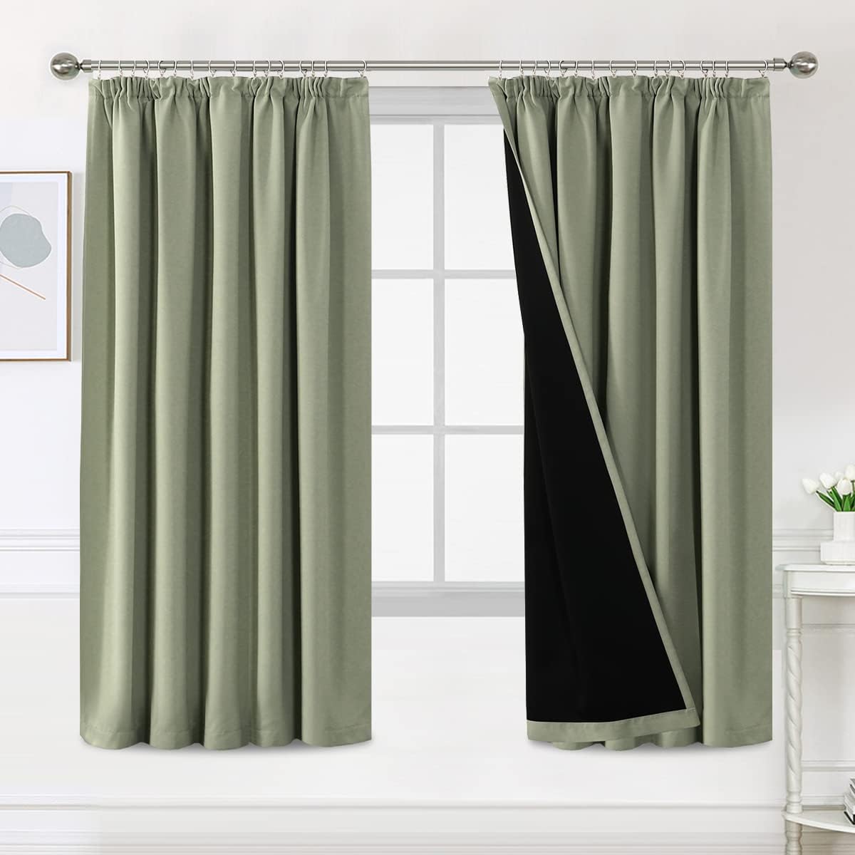 100% Blackout Curtains for Bedroom Thermal Insulated Curtains & Drapes Blackout Curtains Pencil Pleat Curtains for Living Room with Black Liner 2 Panels, 66 x 72 Inch, Light Sage Main image