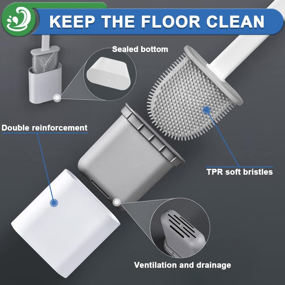 Silicone Toilet Brush with Quick Drying Holder Set -2Pack, Bathroom Toilet Brushes Set with No-Slip Silicone Handle & Anti-drip Base (Flooring/Wall Mounted) -White