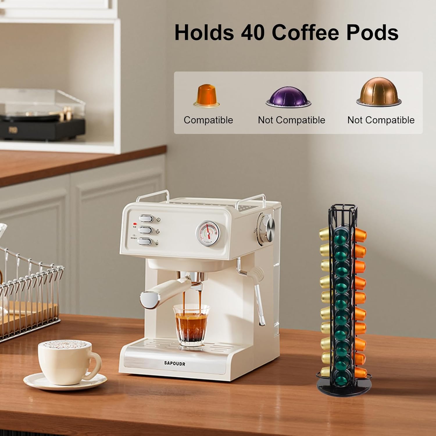 Coffee Capsule Holder Compatible for Nespresso - Coffee Pod Holder Classic 40 pcs Rotating Design Stainless Steel,Coffe Storage Rack for Capsule Holder Nespresso Capsule Storage（Black)