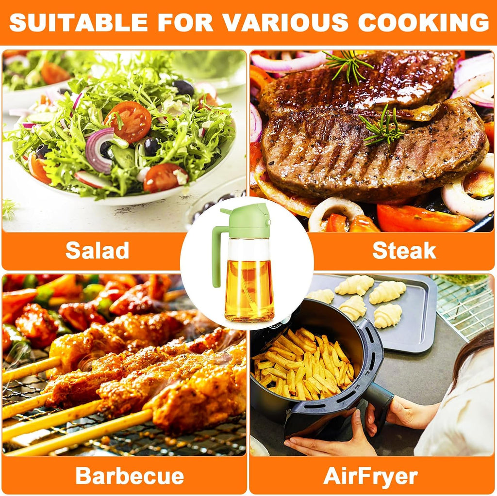 2 in 1 Oil Sprayer, 470ml/16oz Olive Oil Spray Bottle for Cooking, Air Fryer, Salad, Frying, BBQ, Green Food-grade Mister Spray Bottle