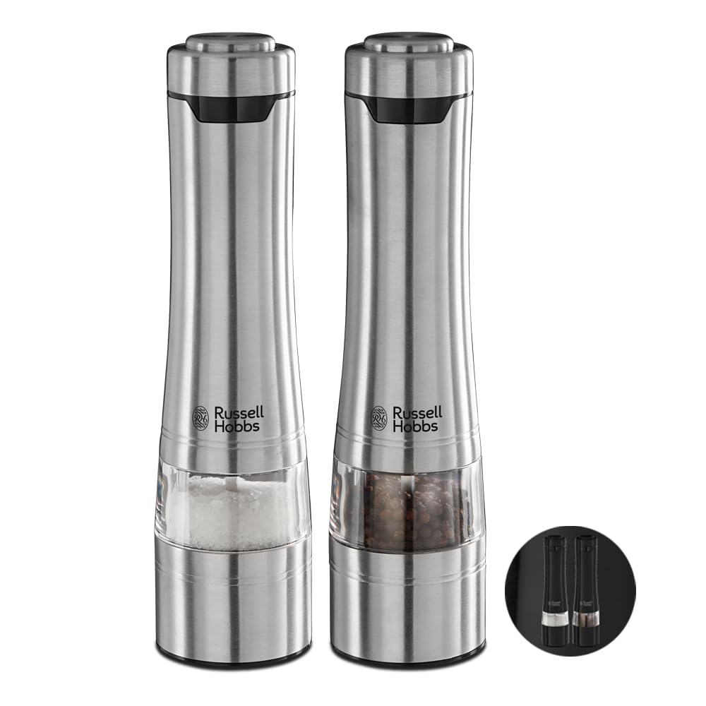 Stainless Steel Electric Salt & Pepper Mill Set with Adjustable Ceramic Grinder Heads for fine or coarse Grinding, Battery Operated, Light up During use, One Handed Operation, 23460-56