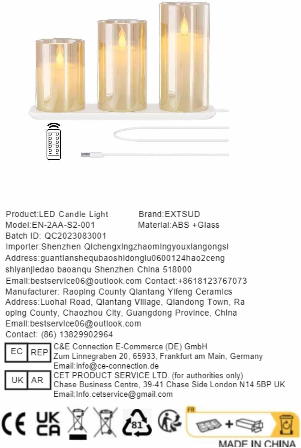 Rechargeable Flameless Candle, Set of 3 Flickering Glass LED Candles with Charging Base and Remote Control, Tea Lights with Timer Function for Festival Wedding Party Decoration