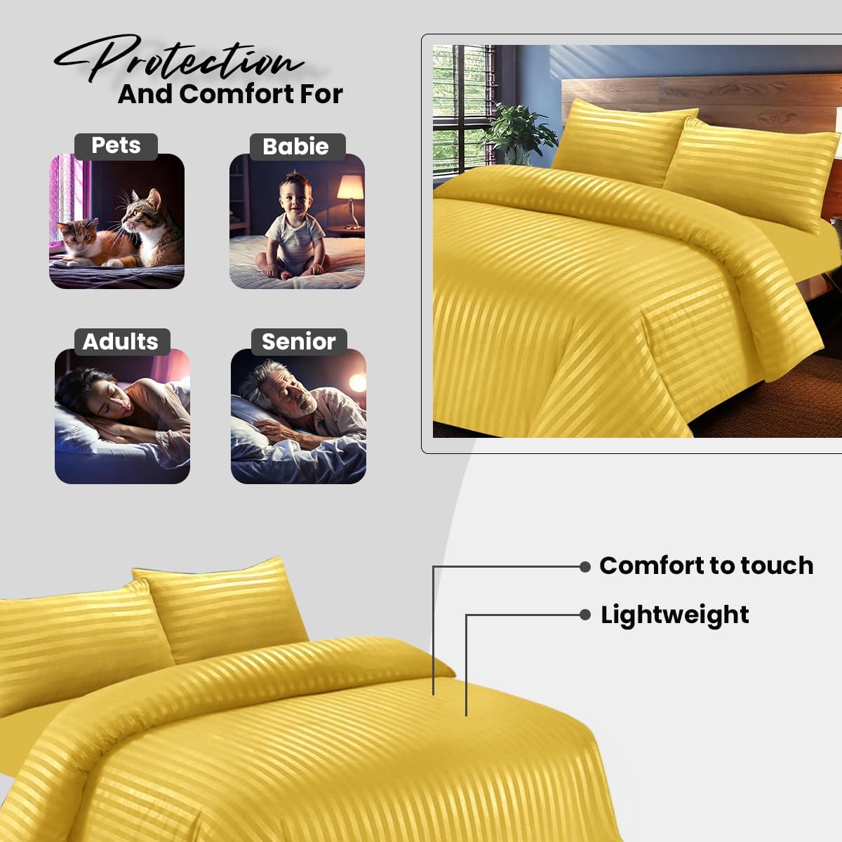 DTEX HOMES Double Duvet Set Brushed Microfiber Satin Stripes Easy Care Duvet Cover with Pillow cases (Mustard-Double)