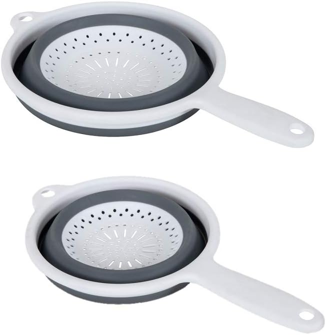 518406 Pop & Store 2 Pack Collapsible Food Colander with Handle, Set Includes 16.5cm & 24cm, White and Grey, Plastic