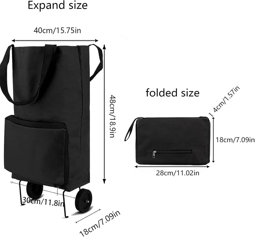 Folding shopping cart, supermarket trolley with two lightweight folding wheels, Oxford cloth bag reusable folding bag large capacity ultra-light handbag travel camping home essential artifact(black)