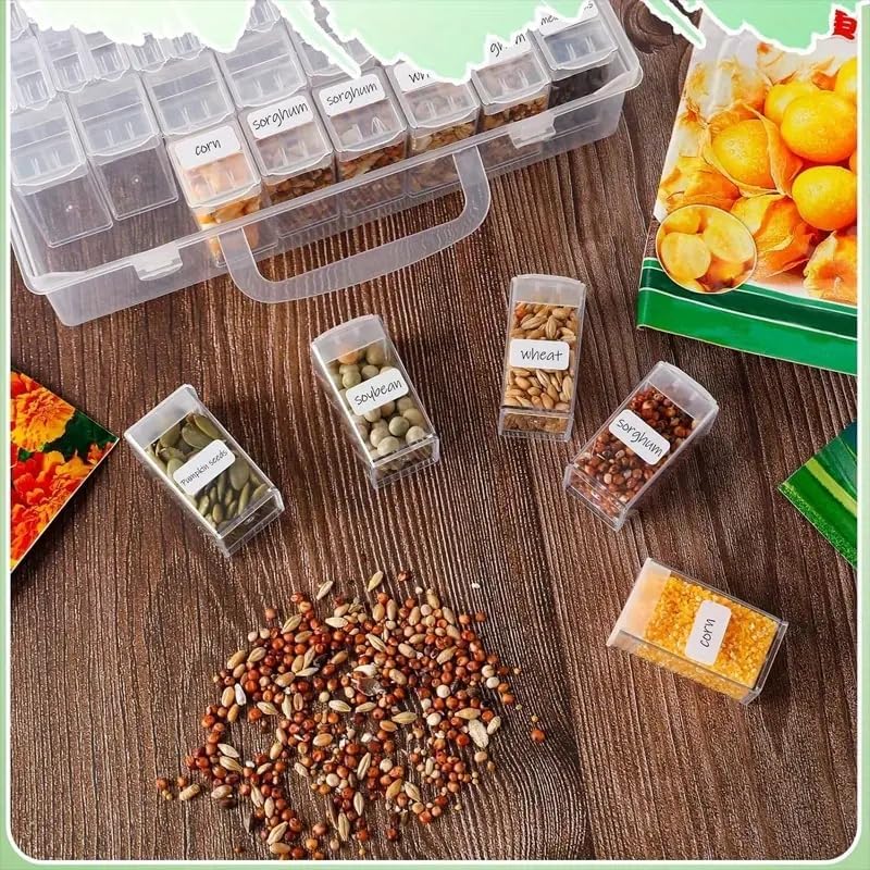 Seed Storage Box, 64 Slots Plastic Seed Storage Organizer Box with Label Stickers and Tweezers, Independent Compartment Design for Vegetable, Fruits, Flower, Chili Seeds (64 Slots)