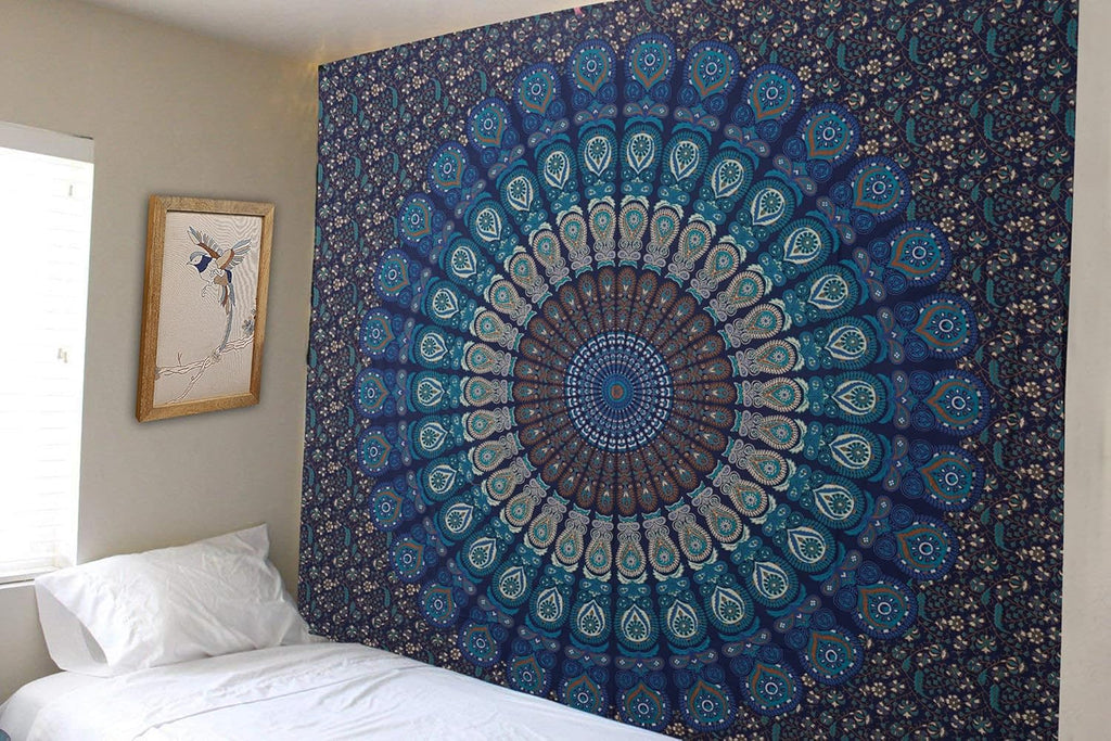 FURNISHFUL FINESSE Peacock Mandala Tapestry for Bedroom Indian Aesthetic Bohemian Wall Hangings Tapestries Hippie Tapestry Psychedelic Room Decor Bedspread Meditation Yoga Mat - 213x228 CM, Navy Blue