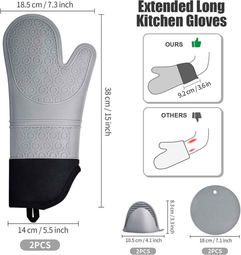 Oven Gloves, Sopito Set of 6 Silicone Oven Mitts 446°F Heat Resistant with Pot Holders for Kitchen Baking Grilling Microwave, Grey
