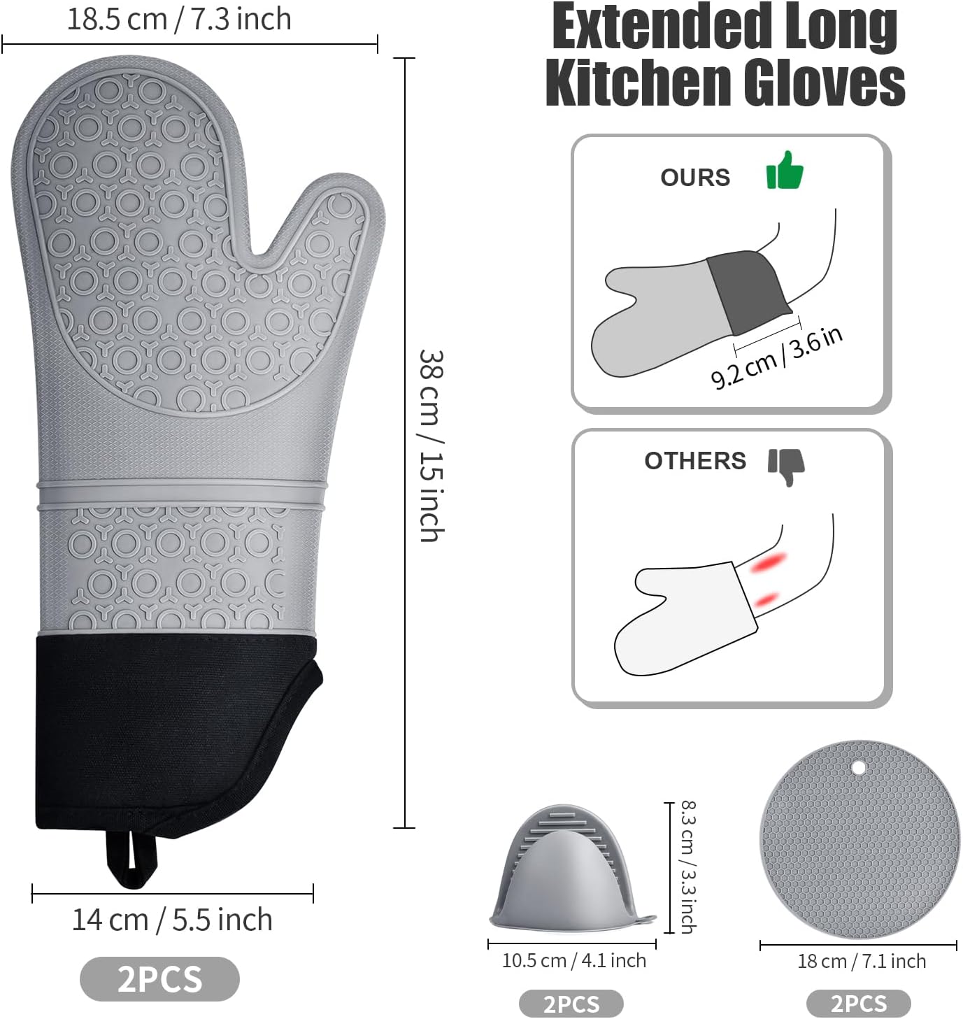 Oven Gloves, Sopito Set of 6 Silicone Oven Mitts 446°F Heat Resistant with Pot Holders for Kitchen Baking Grilling Microwave, Grey