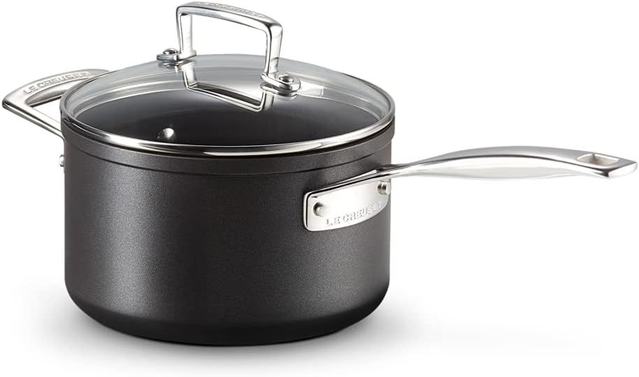 Toughened Non-Stick 18x11.1cm Saucepan with Helper Handle and Glass Lid, Aluminium, 51108180010302, Black