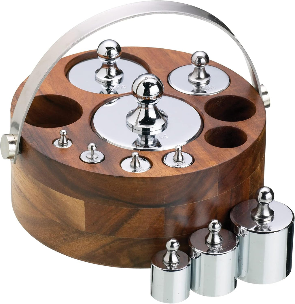 Living Nostalgia Kitchen Scale Weights Set (Metric) with Wooden Holder in Gift Box, Polished Metal, 1 Pieces