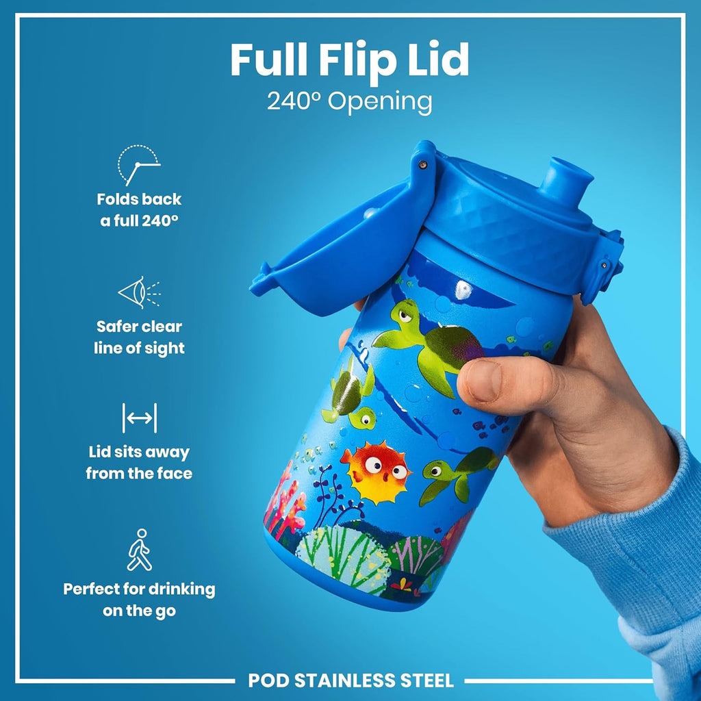 Small Water Bottle, Leak Proof, Easy to Open, Secure Lock, Dishwasher Safe, Flip Cover, Carry Handle, Easy Clean, Durable, Water Bottle, Raised Print, Blue, Sea Turtle