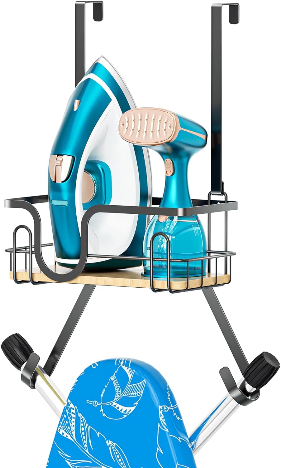 Wall Mount/Over The Door Ironing Board Hanger with Large Storage Basket & Removable Hooks, Iron and Ironing Board Holder Storage for Laundry Room (Black) Main image