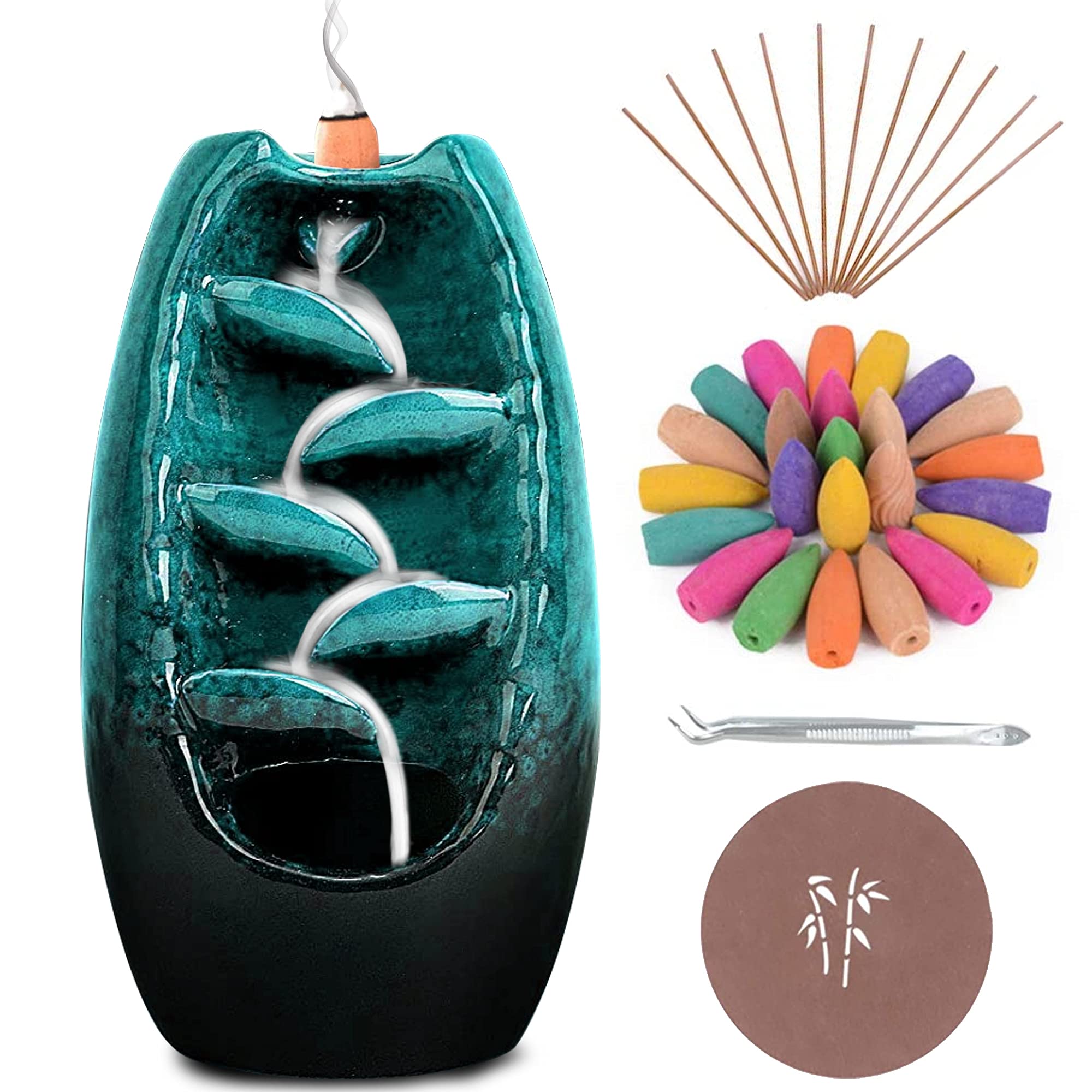 Anbar Backflow Incense Burner with 120 Cones, 30 Sticks, Tongs, and Table Mat, Natural Aromatherapy with Ceramic Smoke Waterfall, Supports Meditation and Relaxation, Home Decor (Blue) Main image