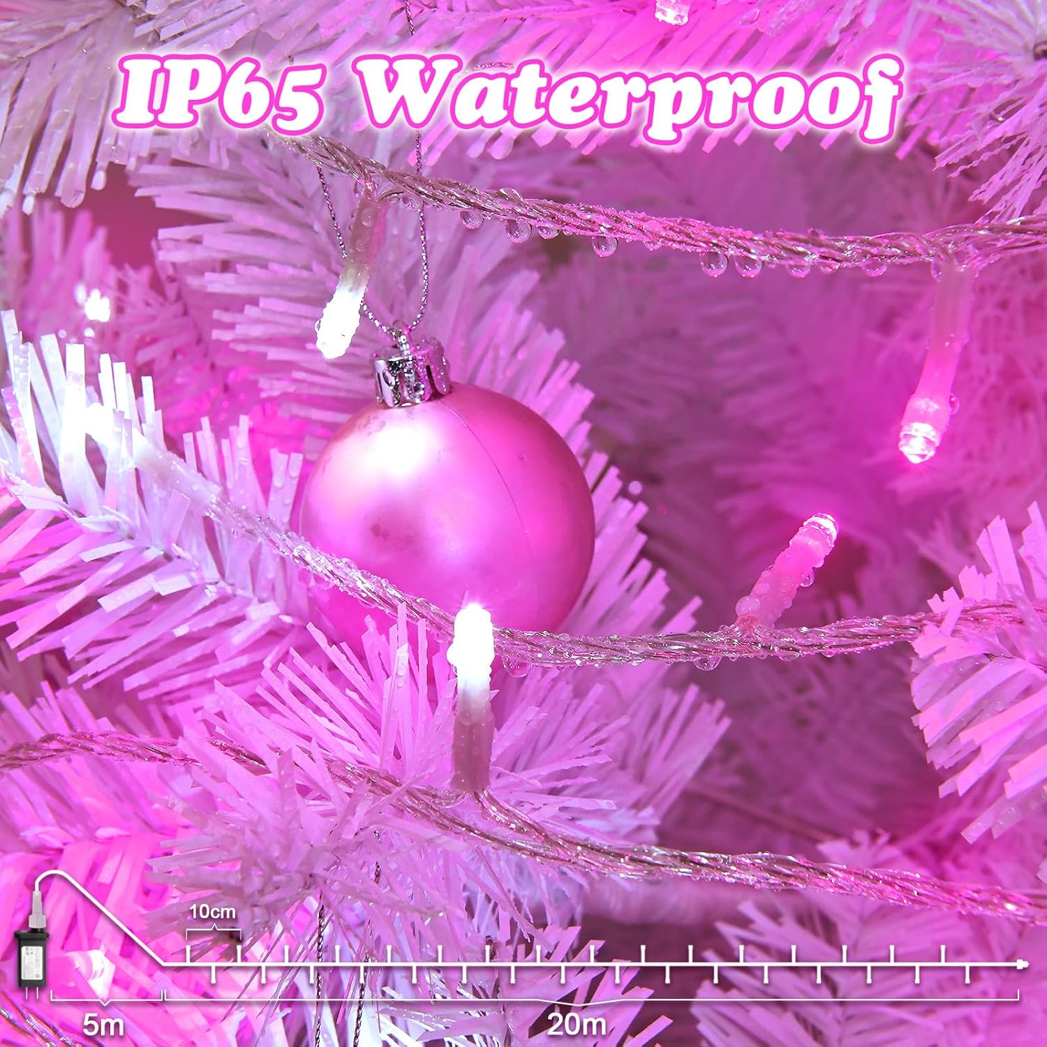 Pink Christmas Lights 200 LED Pink Fairy Lights for Bedroom 66Ft/20M with Timer IP44 Waterproof String Lights Mains Powered for Christmas Decorations, Bedroom Decor, Pink&White