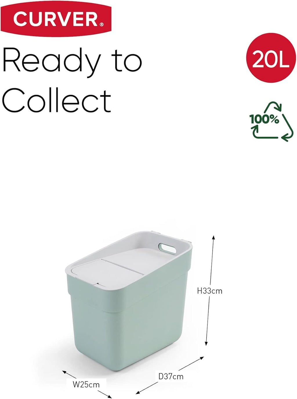 Curver Ready to Collect 100% Recycled 20L Kitchen Accessories Recycling Lift Top Bin Green with Light Grey Lid