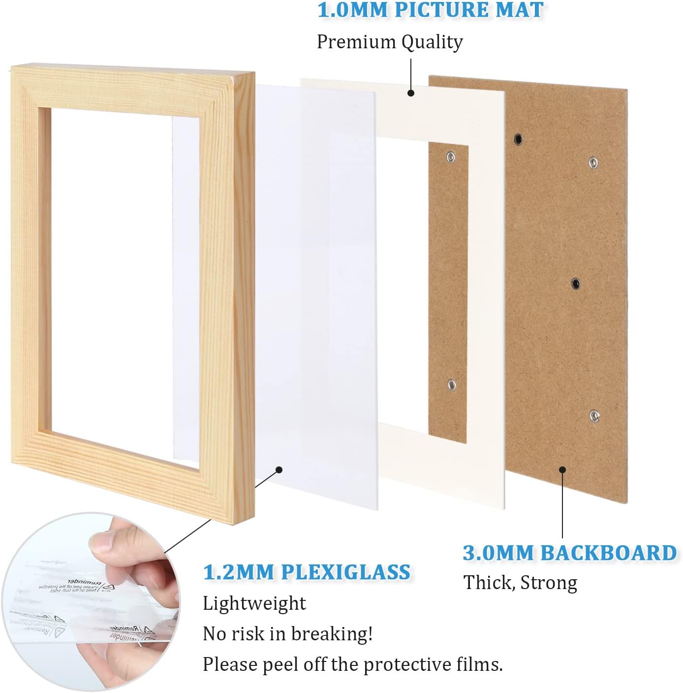 10x10 Photo Frame Natural Wood, Made of Solid Wood for Photos 6x6 with Mat or 10x10 without Mat, Tabletop and Wall Mounting Display