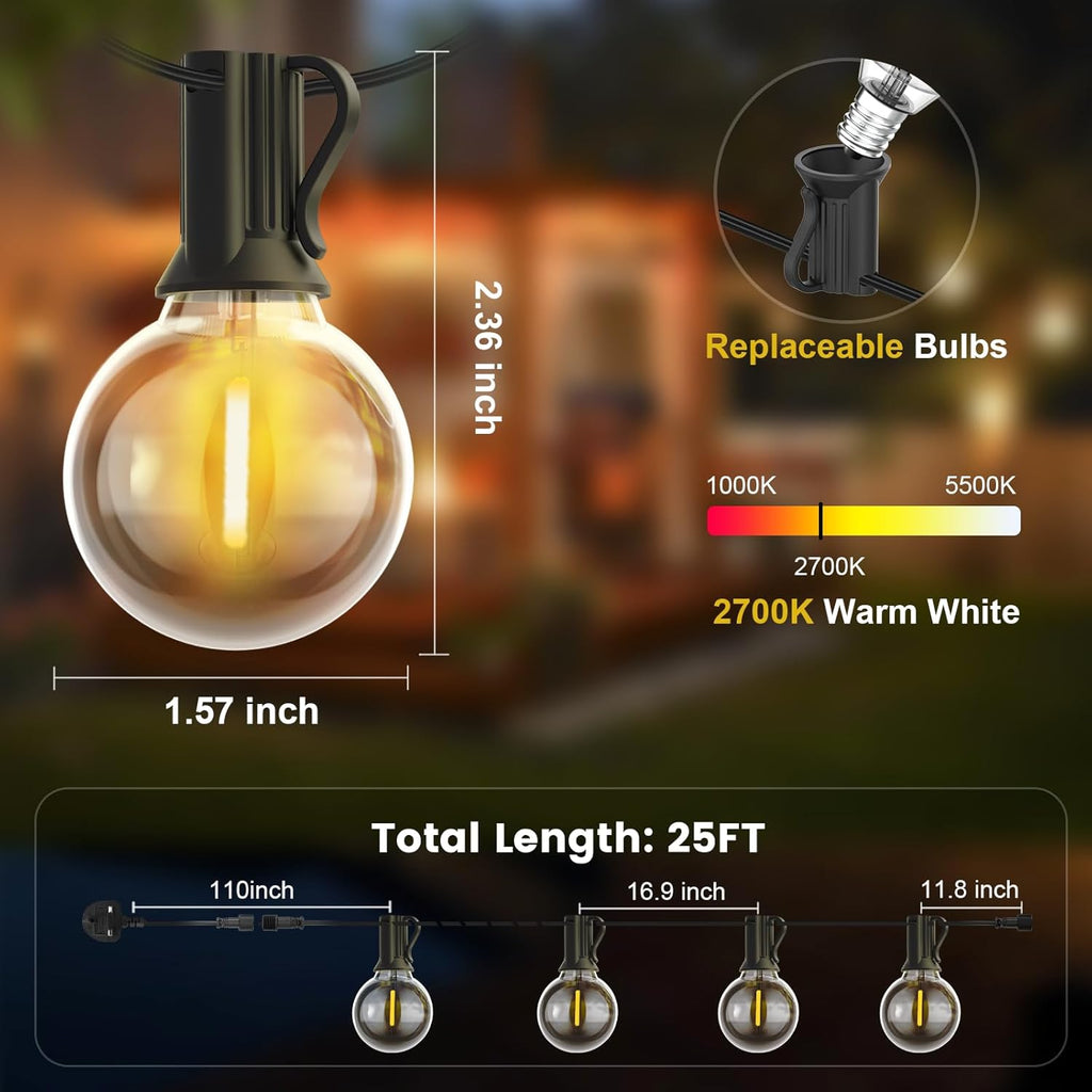 Outdoor String Lights Mains Powered, 25FT/7.6M Festoon Lights Outdoor with 12+1 Shatterproof G40 LED Bulbs, Waterproof Globe Garden Lights for Patio, Wedding, Party, Terrace, 2700K