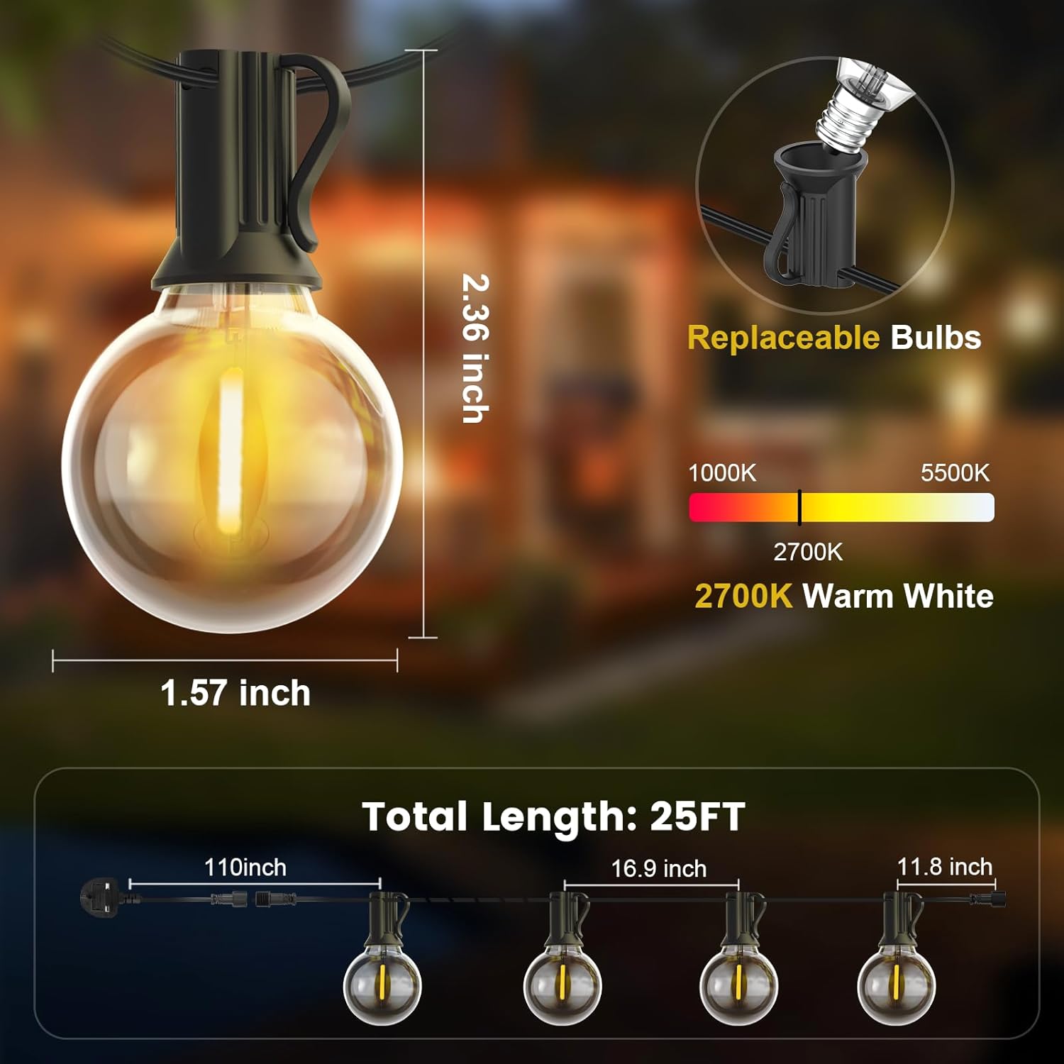 Outdoor String Lights Mains Powered, 25FT/7.6M Festoon Lights Outdoor with 12+1 Shatterproof G40 LED Bulbs, Waterproof Globe Garden Lights for Patio, Wedding, Party, Terrace, 2700K