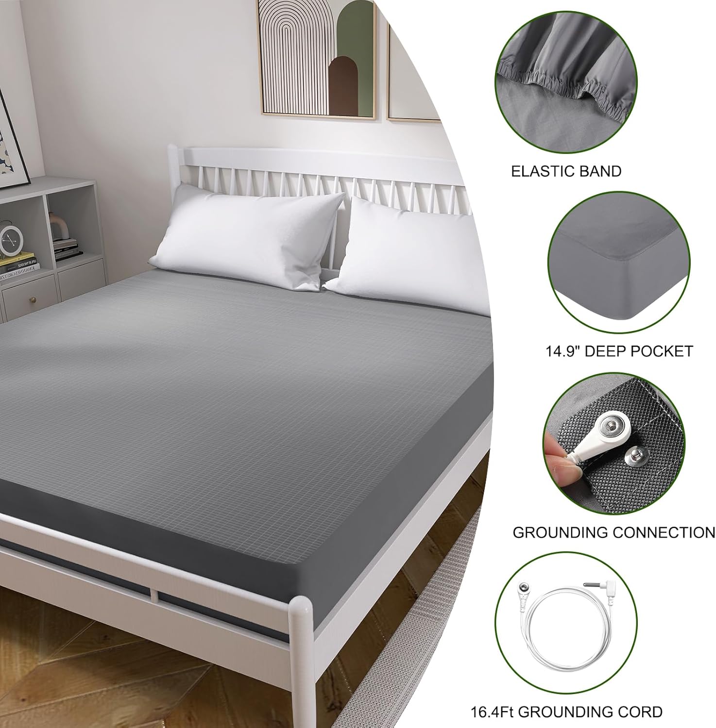 Grounding Bed Sheet Super King Size, 95% Organic Cotton & 5% Pure Silver Fiber, Elastic Full Wrap Grounding Mat for Improved Sleep & Better Working(Grey,198×203+38CM)