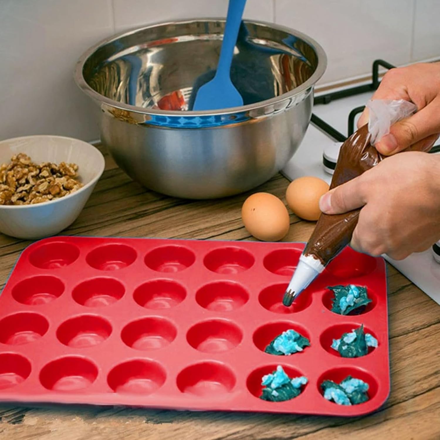 3 PCS Mini Muffin Tray 24 Cups, Silicone Muffins Pan Non-Stick Mini Cupcake Tray Reusable Muffin Baking Tray - 34 x 23 x 2.5cm - Red