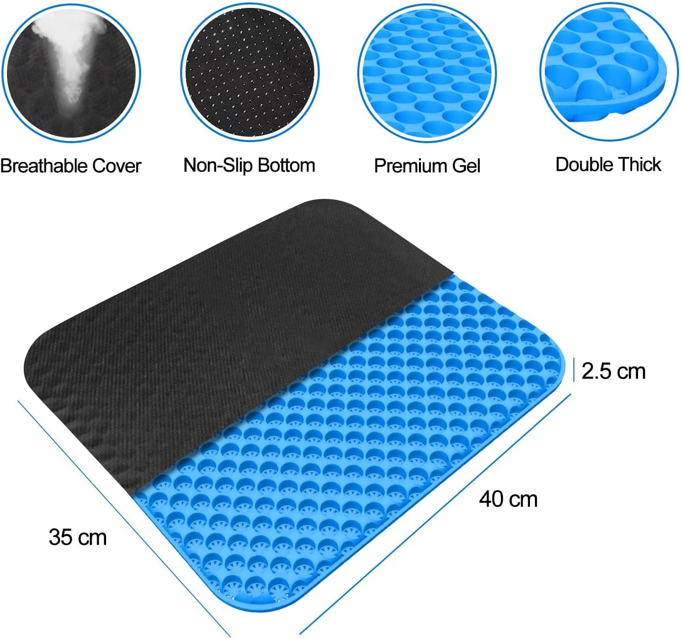 TOEVE Large Gel Seat Cushion For Long Sitting With Non-Slip Covers,Soft & Breathable For Chair,Gaming,Car,Office,Desk Chair and Wheelchair,Office Pads (45 x 45cm-Grey) (40 x 35 x 2.5 cm-Blue) Secondary image